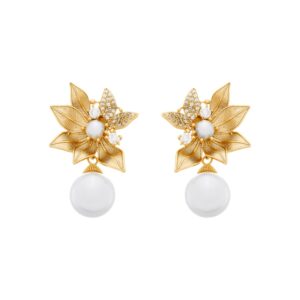 Brinco Ouro com Folhas em Zircônia e Pérolas
