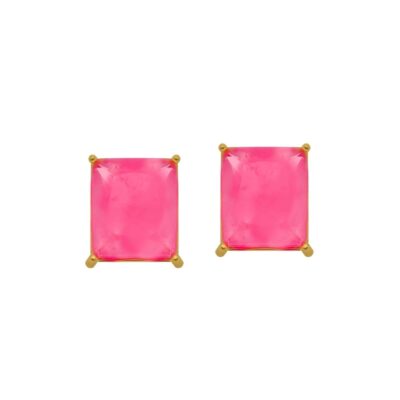 Brinco Ouro com Pedra Retangular Rosa
