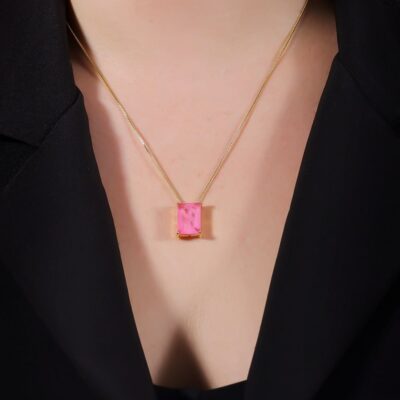 Colar Ouro com Pedra Retangular Rosa - Image 2
