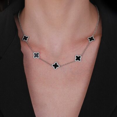 Colar Trevo Preto Ouro Branco - Imagem 2
