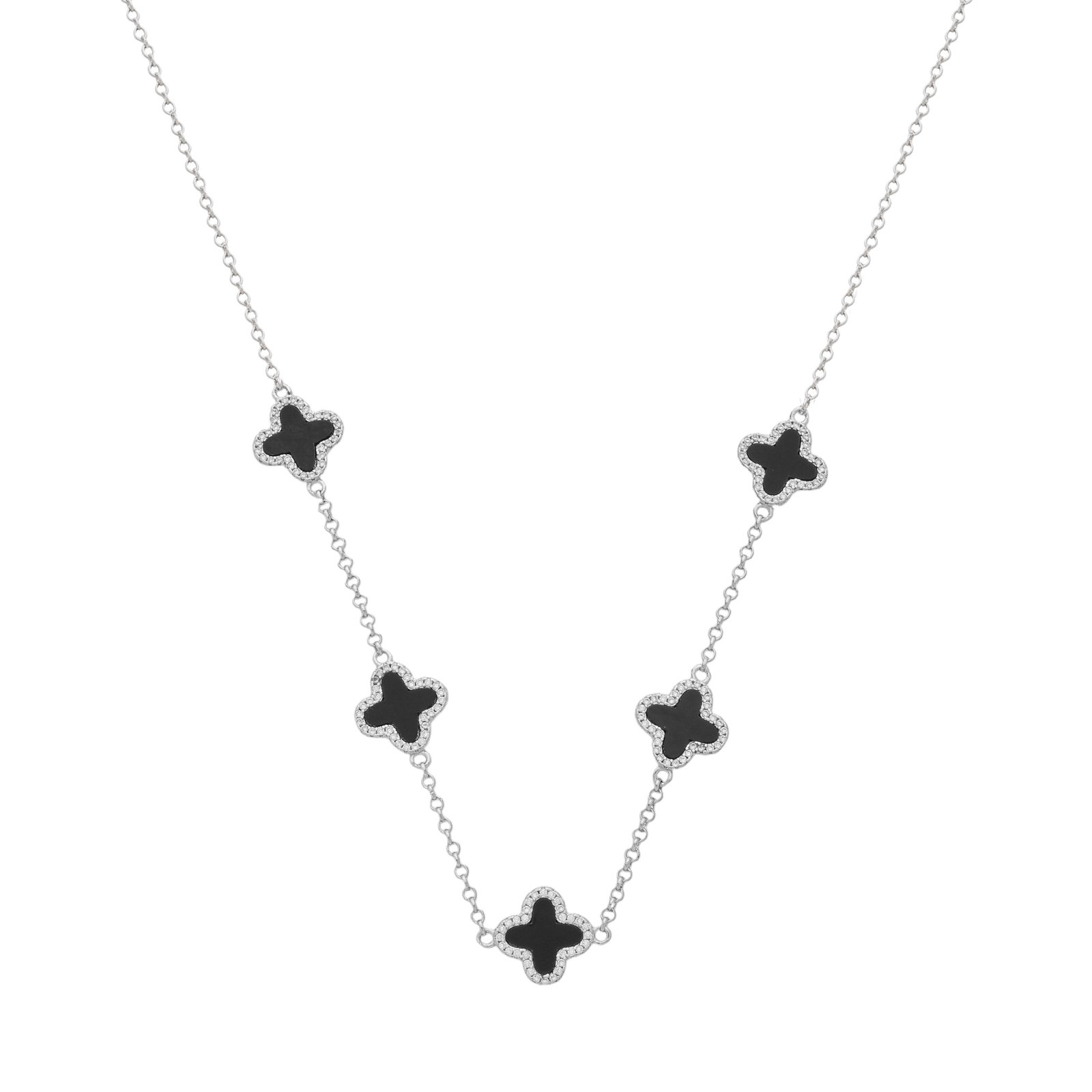 Colar Trevo Preto Ouro Branco
