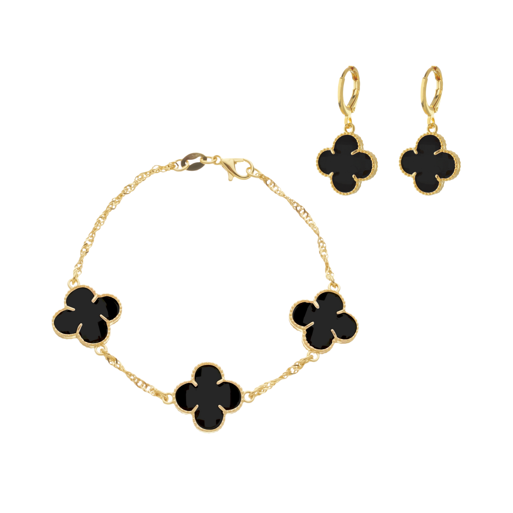 Pulseira e brinco trevo preto ouro 24k