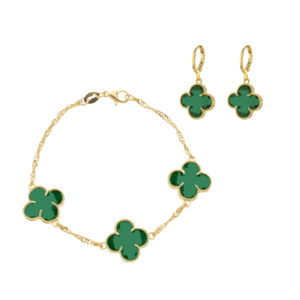 Pulseira e brinco Trevo verde ouro 24k