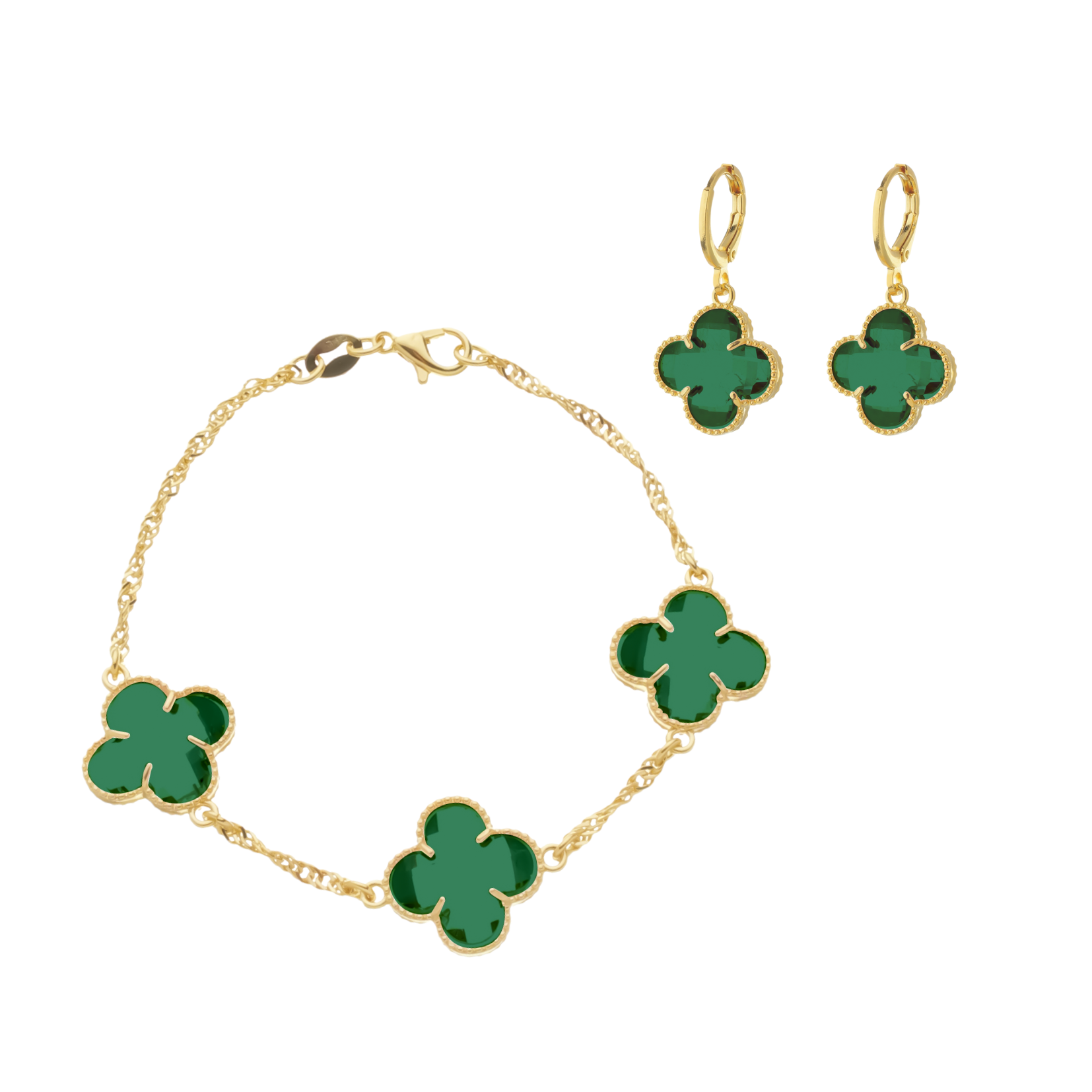 Pulseira e brinco Trevo verde ouro 24k