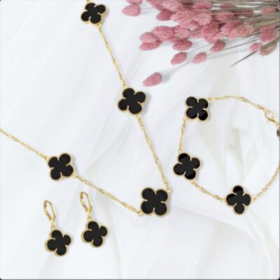 Conjunto Completo Trevo Preto Ouro 24k