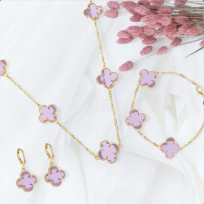 Conjunto Completo Trevo Rosa Ouro 24k