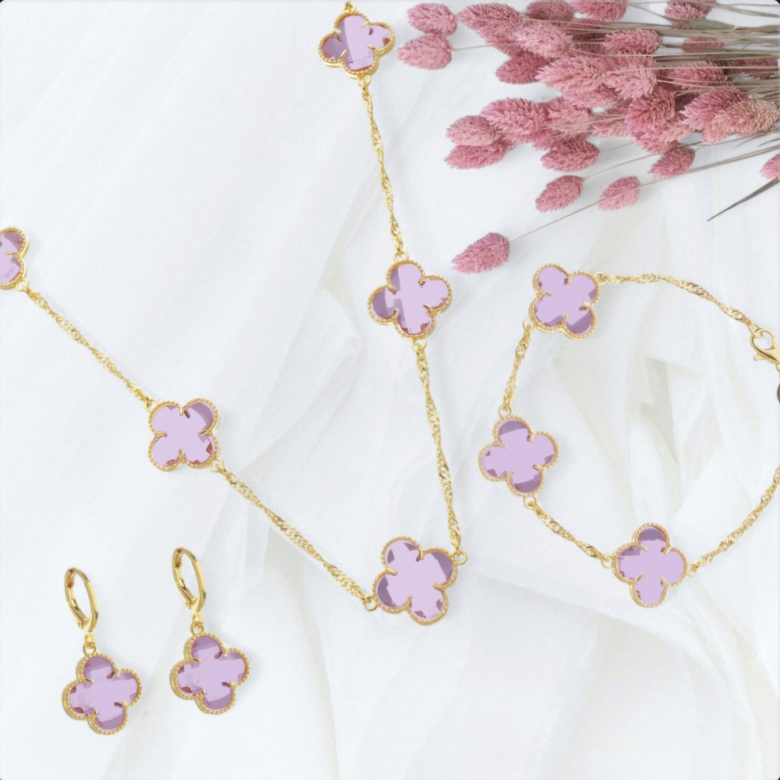 Conjunto Completo Trevo Rosa Ouro 24k