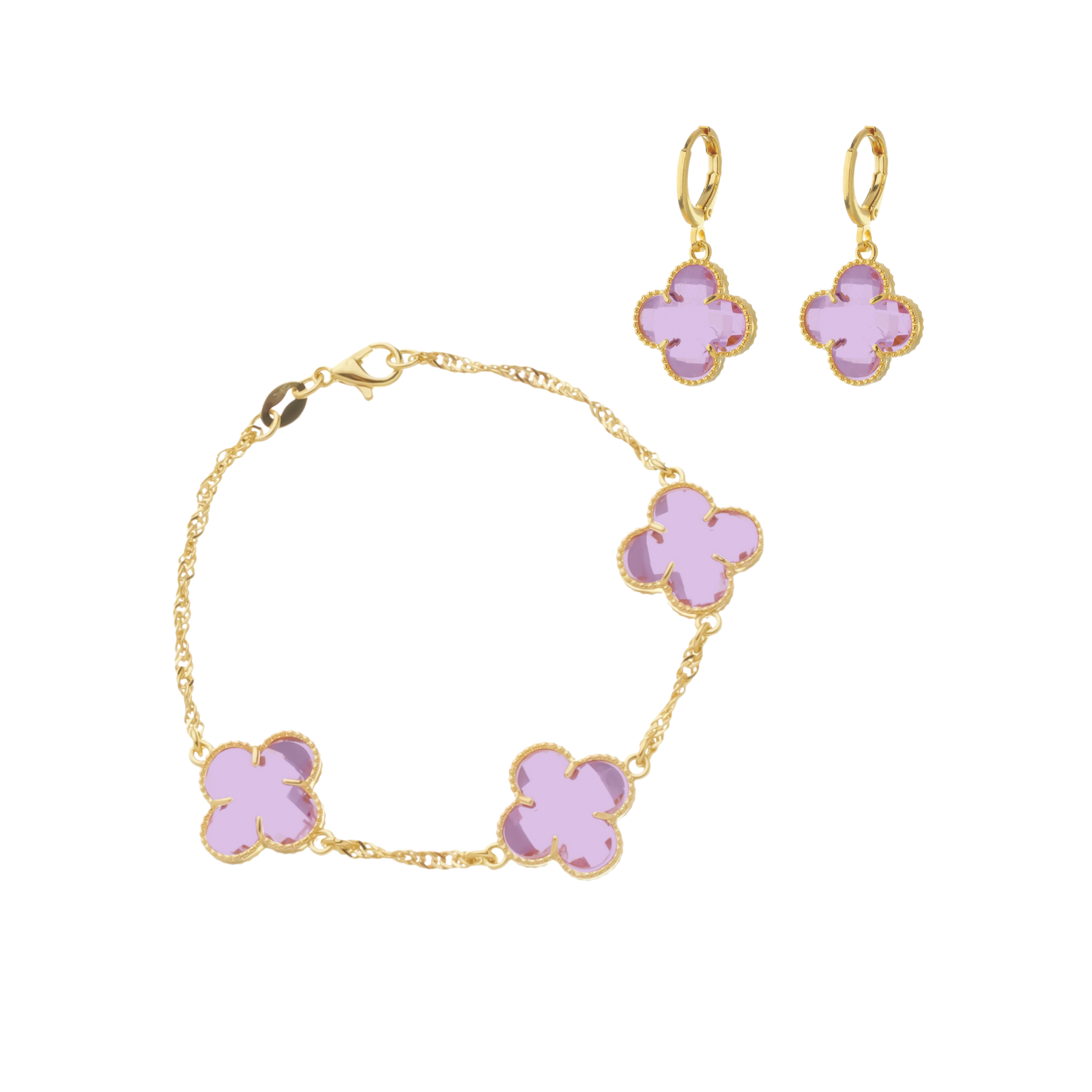 Conjunto Pulseira e Brinco Trevo Rosa Ouro 24k