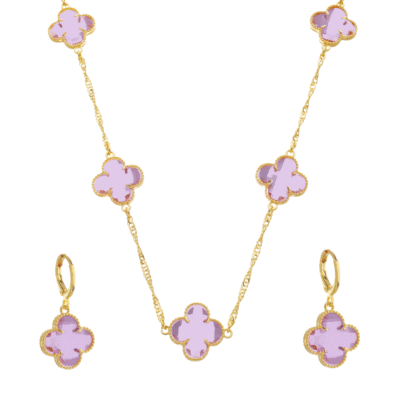 Conjunto Trevo Rosa Ouro 24k
