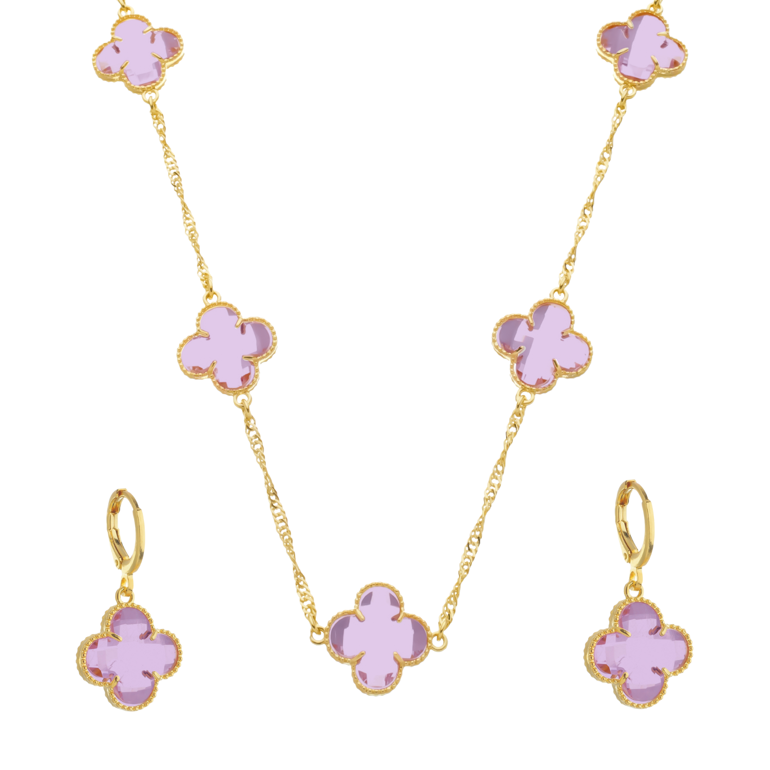 Conjunto Trevo Rosa Ouro 24k